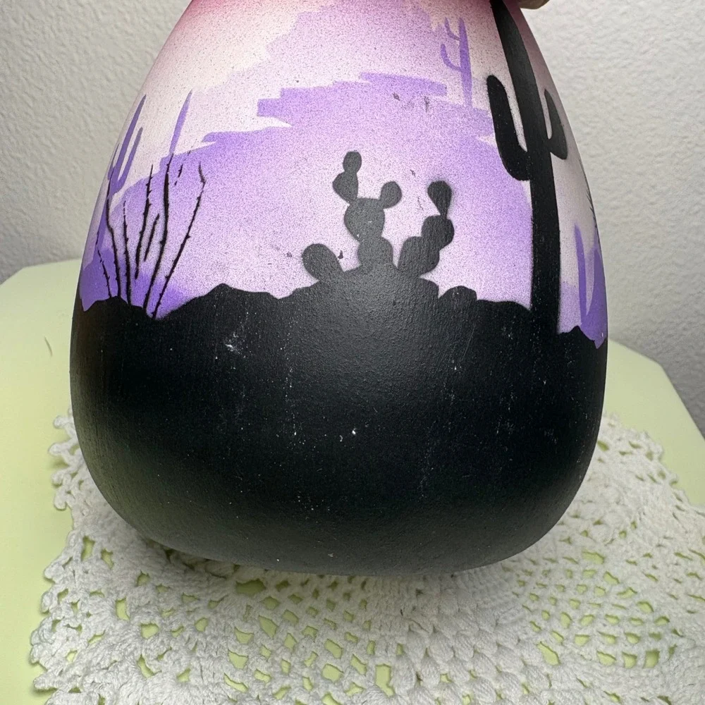 6in Purple Desert Cactus Vase Southwest Boho Hand Painted Pottery